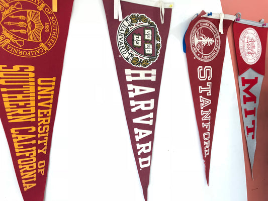 College pennants: USC, Harvard, Stanford, MIT
